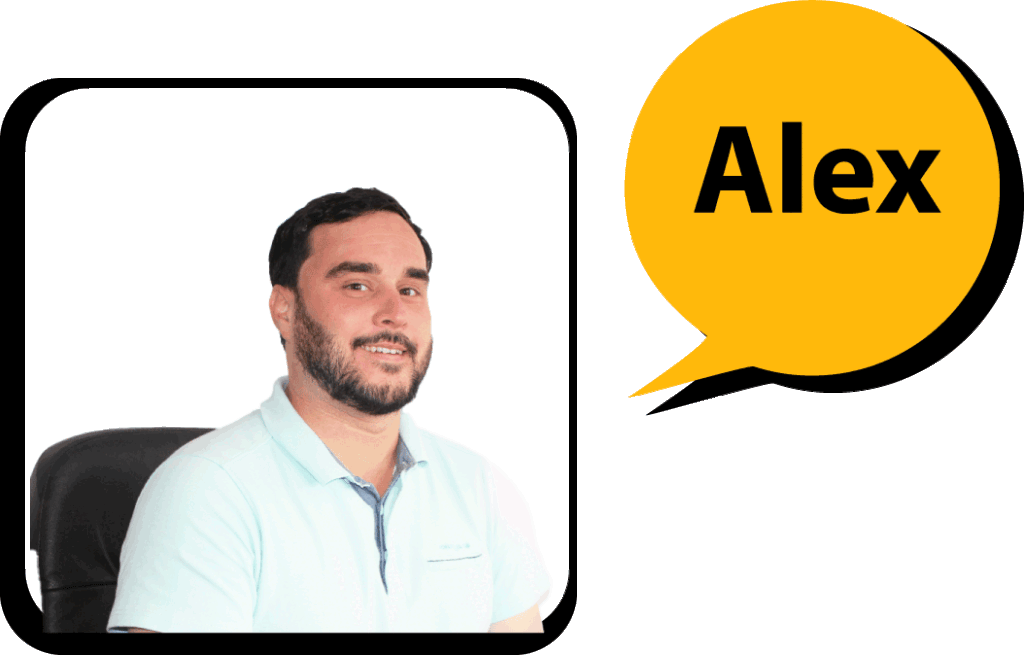 Alex Helsby with a speech bubble with his name written inside