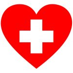 A red heart graphic with a white cross
